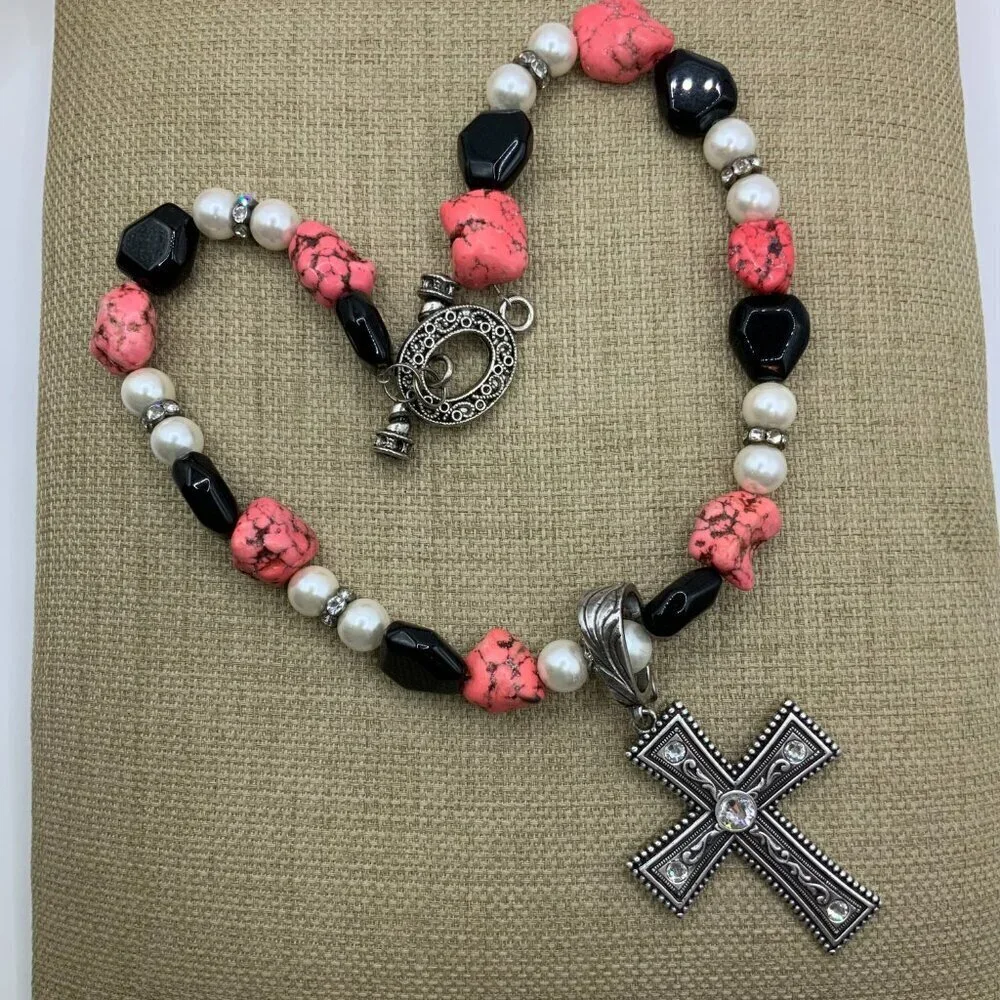 Howlite Pink Glass Beads Black Rhinestone Faux Pearls Silver Tone Cross Necklace